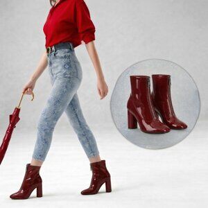 NEW ZARA Red Wine Patent Front-Zip Booties | Cylinder Heel | Size 37